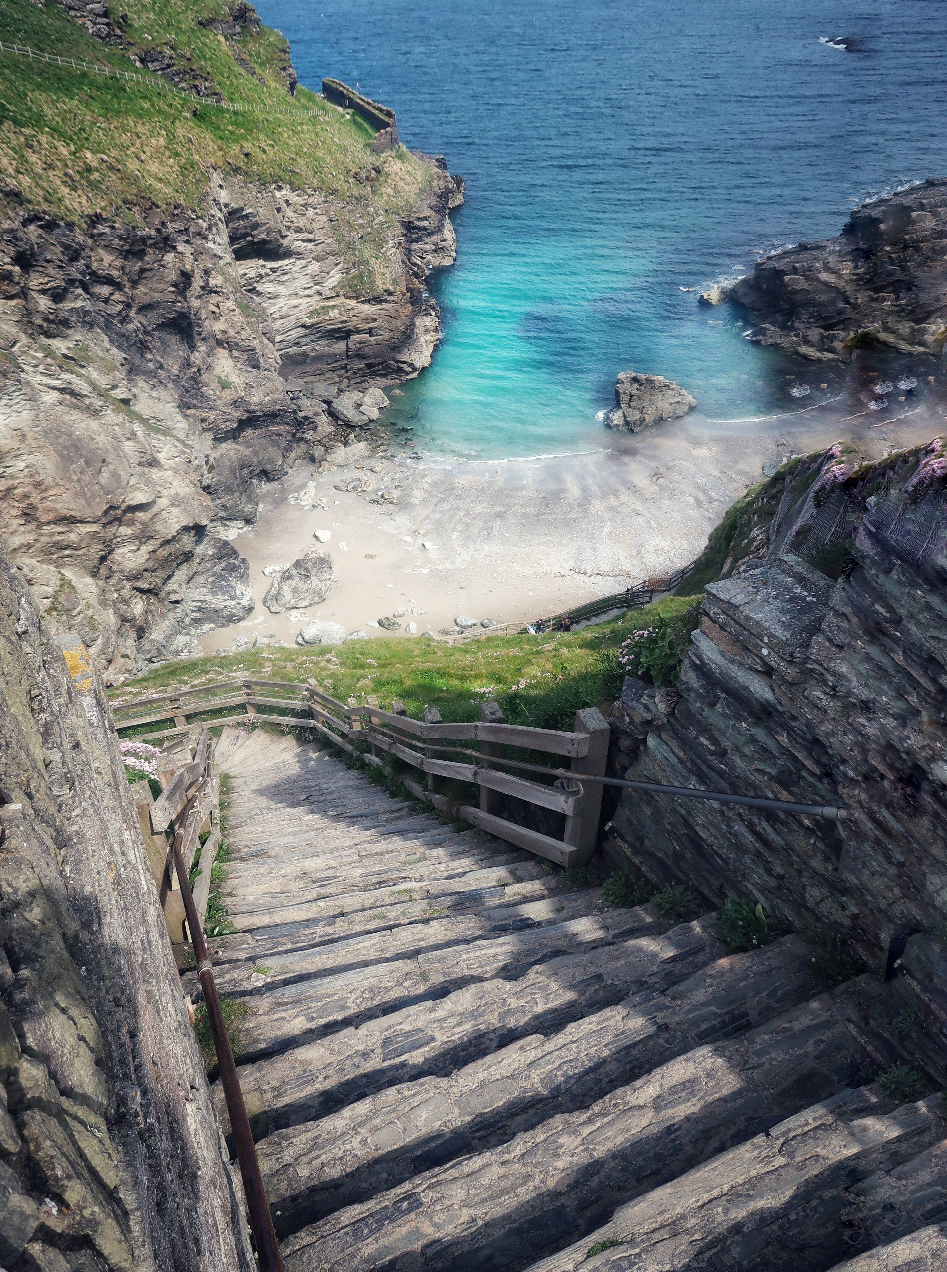 The steep steps at Tintagel heading down towards the beach, Cornwall