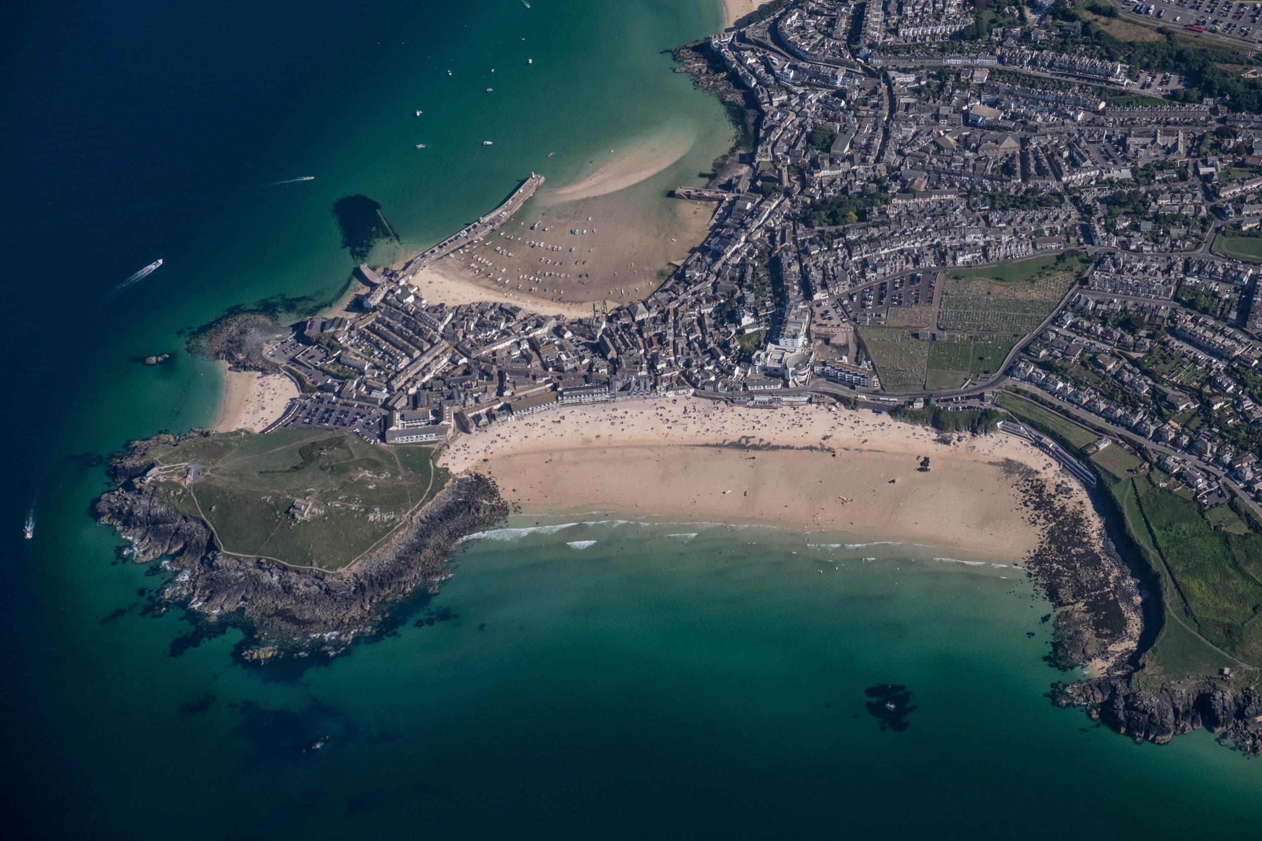 St Ives rooftops, lanes and harbour from above, Cornwall