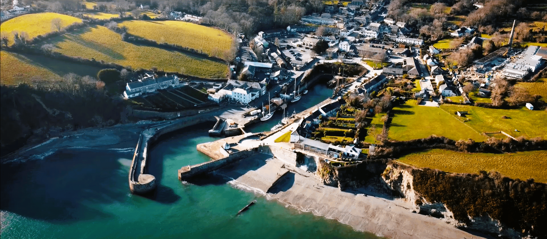 Charlestown fishing village in Cornwall from above