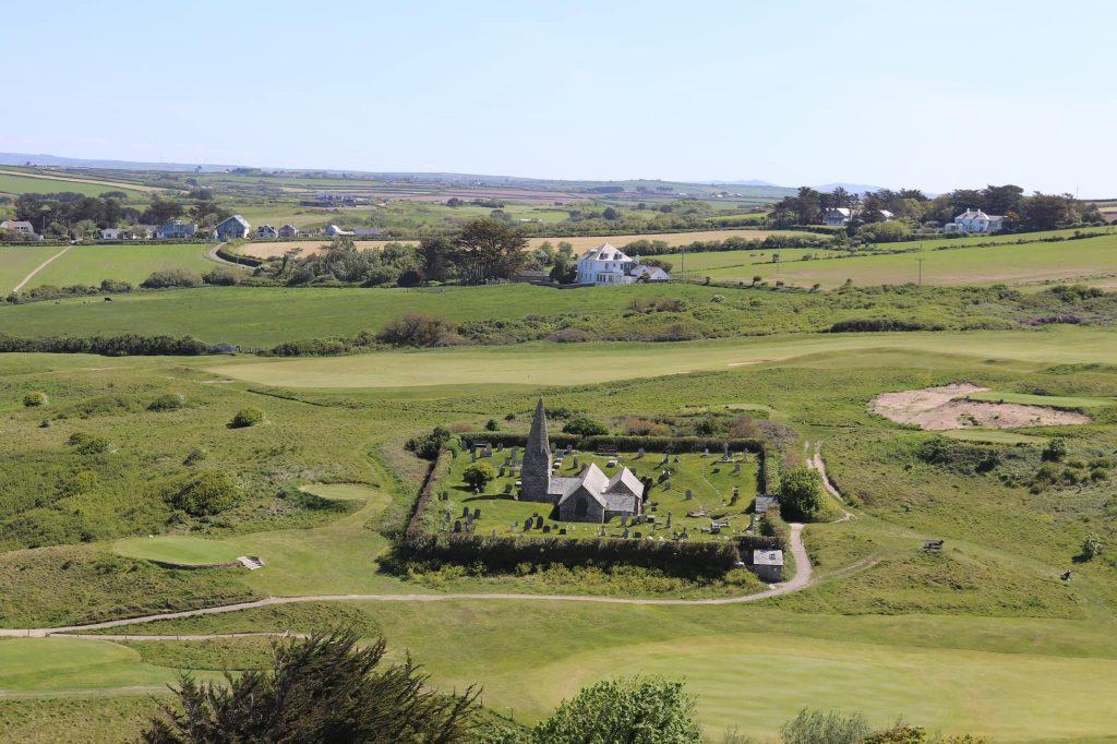 Enodoc Golf course church from above