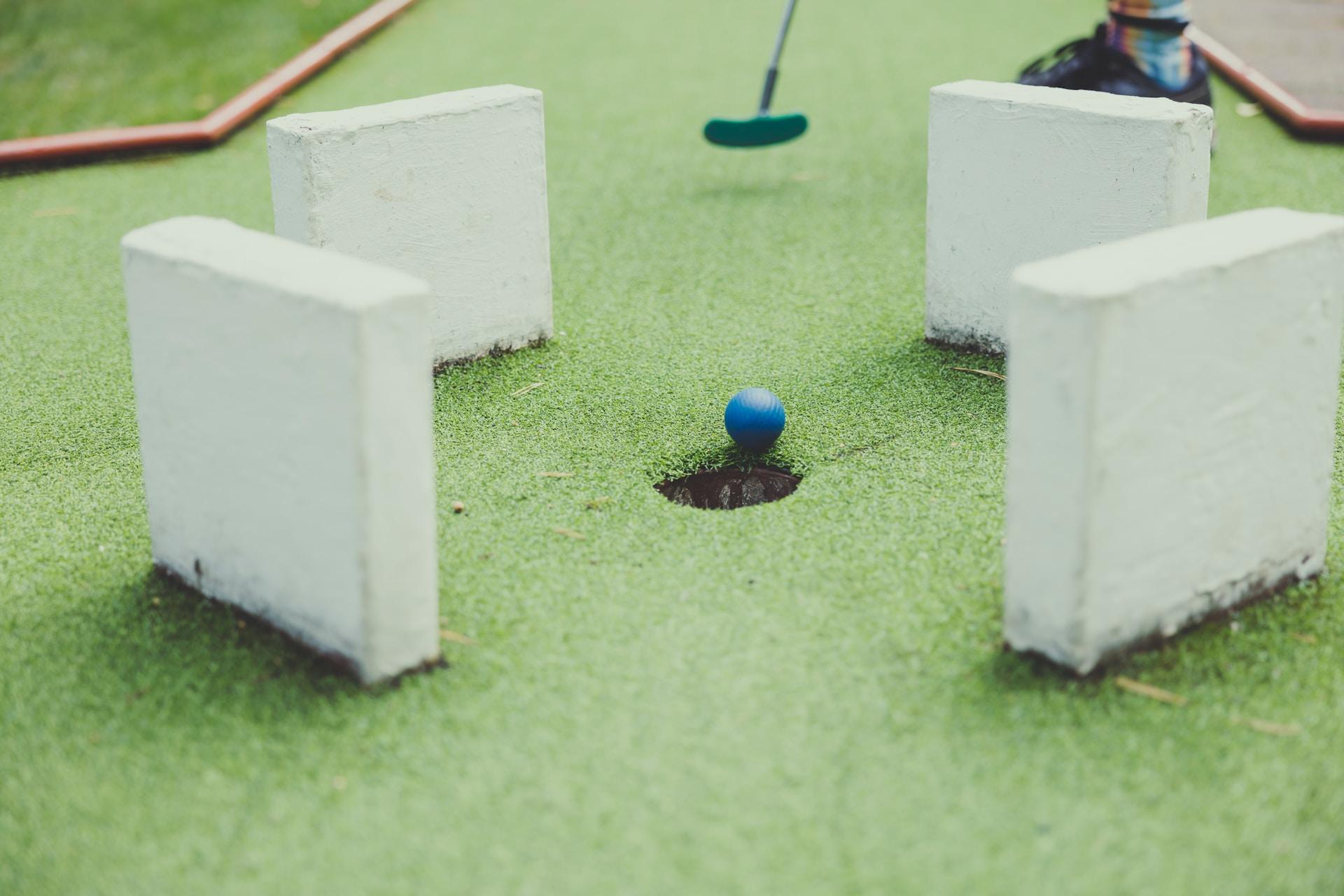 ball being putted on a crazy golf course in Cornwall