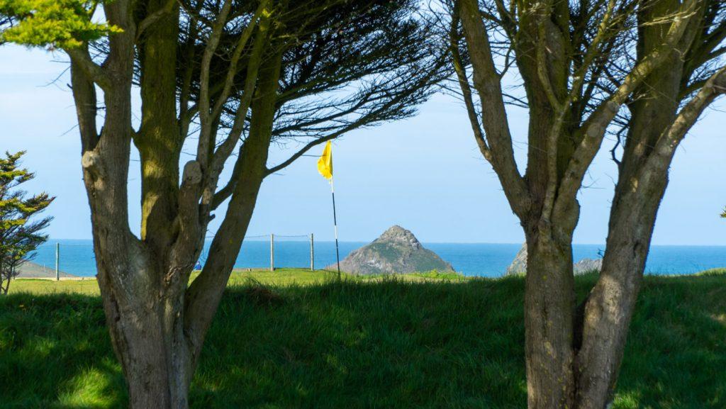 Holywell golf course flag through the trees